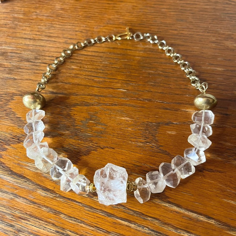 Handcrafted Chunky Necklace. Clear Crystal Quartz & Gold tone accents & Chain. - Picture 5 of 5